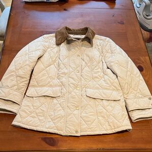 Donna Karan Cream Quilted Barn Jacket with Brown Collar